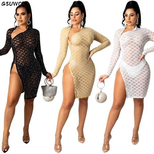 GSUWOO Women Sheer Mesh Sexy Hot Rhinestone Dress Long Sleeve See-through Split Hem Zipper Sequins Bodycon Dresses Nightclub