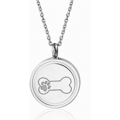 1PC Round Shape Stainless Steel Memorial Urn Jewelry Etching Paw Print & Dog Bone Cremation Pendant Hold Pet Ashes Necklace
