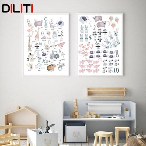 Watercolor Alphabet Animal Canvas Posters for Kids Nursery Painting Art Nordic Educational Wall Pictures for Baby Bedroom