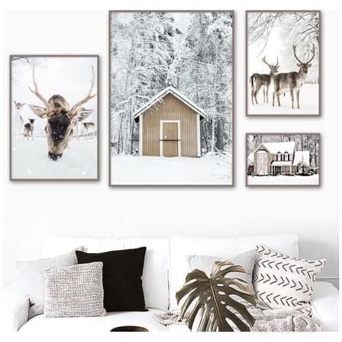 Full Drill 5D DIY Diamond Painting "Winter Snow House Deer Forest Landscape" Diamond Embroidery Cross Stitch Home Decor Gift