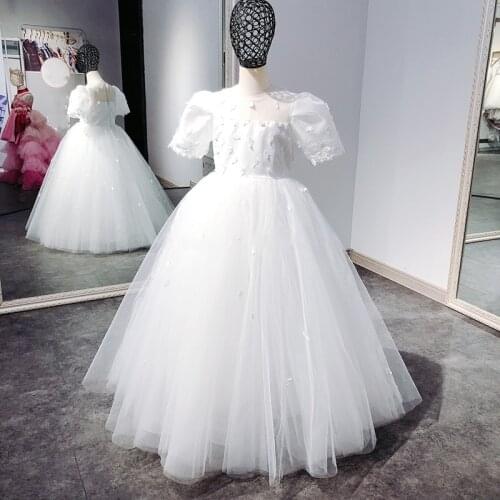 Real Picture White Ball Gown Flower Girl Dress for Wedding Short Sleeves Princess First Communion Gown 1-16Y