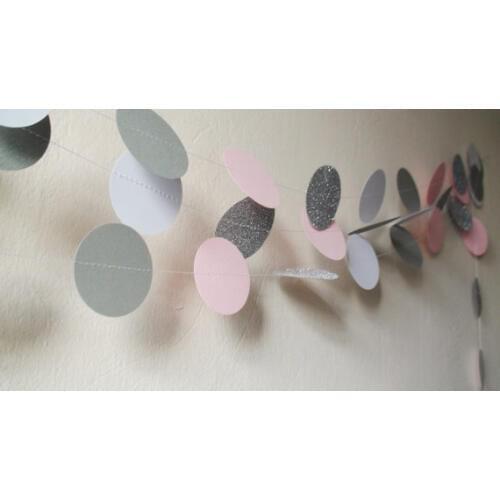 White Pink Gray Silver glitter Circles paper 10ft banners,Pink Weddig garland, Pink baby shower decor,Girl Birthday Party