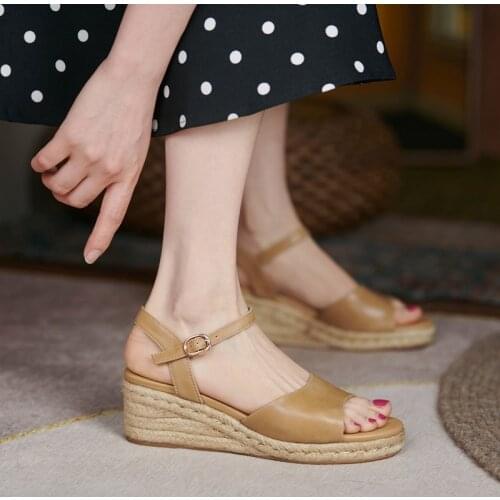 Bohemia Straw Retro Slingback Sandals Women Summer Genuine Leather Peep Toe Platform Ankle Wrap Wedges High Heels Beah Shoes New