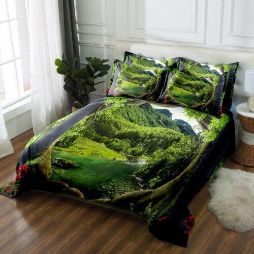 Decorative style 3D bedding set bedsheet Duvet Pillowcase Twin Full king Queen Bed Linen California king Green landscapeg print