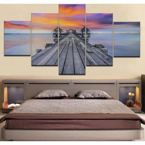 Design Art Wood Bridge in Port between Sunrise Sea Bridge Canvas art painting 5 Panel HD Print For home living room decoration