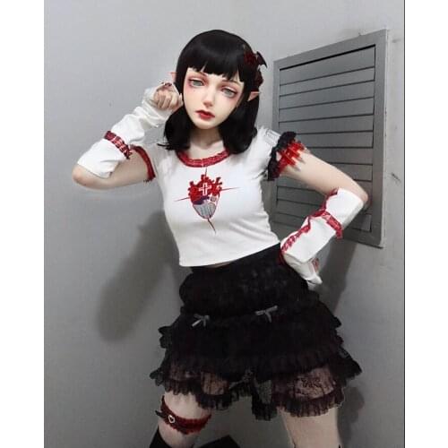 Spring Summer Japanese Gothic Punk Cross Embroidery Slim White T-Shirts Hot Girl Sexy Short Sleeve Harajuku Sweet Top