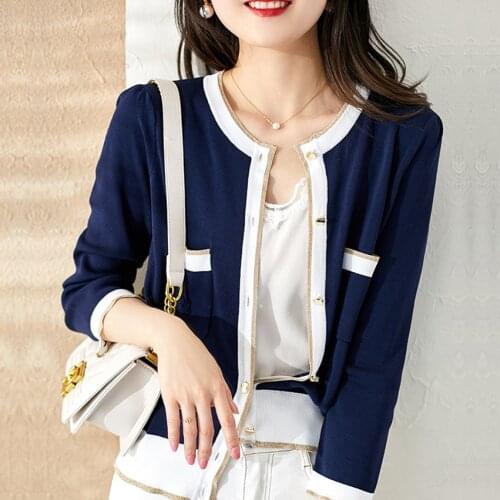 Cashmere Knitted Thin Cardigan Women Spring Autumn Round Neck Loose Jacket Womens Color Matching Wool Bottoming Shirt