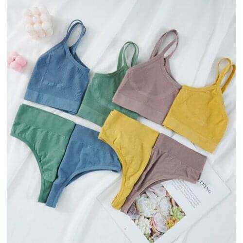 2PCS Bra Set Women Sexy Bralette Sexy Female Underwear Ribbed Tops Girls Brassiere Basic Stretchy Tank Crop Top Lingerie Set