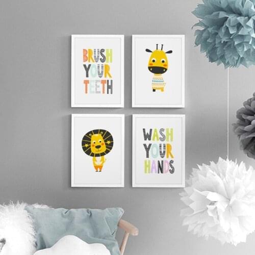 Cartoon Animal Lion Giraffe Nursery Wall Art Canvas Painting Nordic Posters And Prints Wall Pictures Kids Room Bathroom Decor