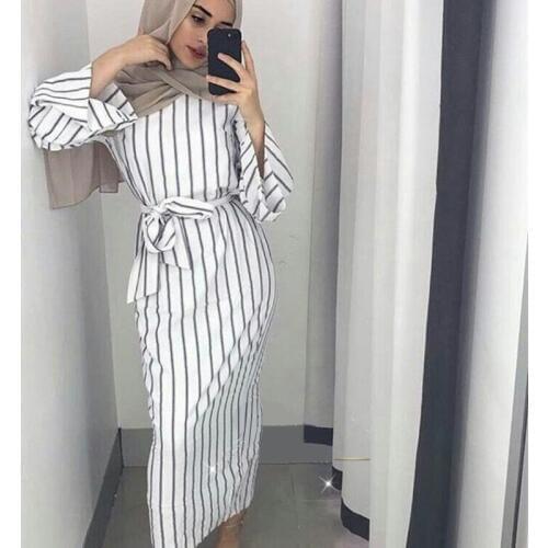 Muslim Stripe Maxi Dress Trumpet Sleeve Abaya Long Skirt Robe Gowns Tunic Kimono Jubah Middle East Ramadan Arab Islamic Clothing
