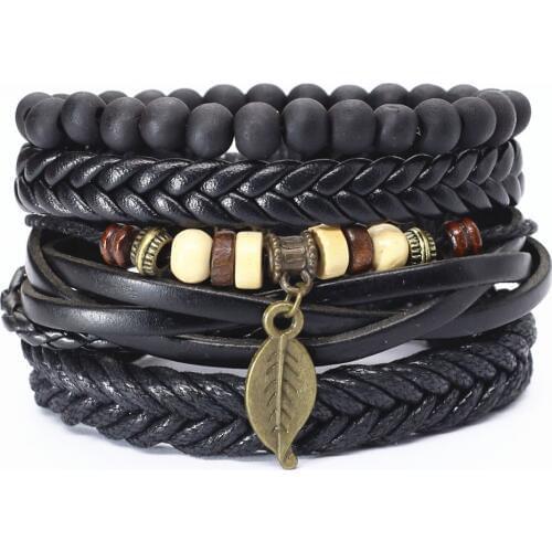 Beaded Leaf Scorpion Star Charm Weave Leather Bracelets Men Women Homme Femme Male Wood Jewelry 4 Pcs/set Wholesale