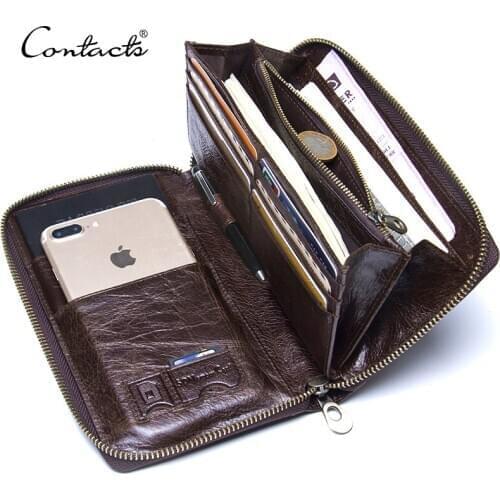 Contacts Genuine Leather Men Clutch Wallet Brand Male Card Holder Long Zipper Around Travel Purse Passport Holder 20PCS/lot