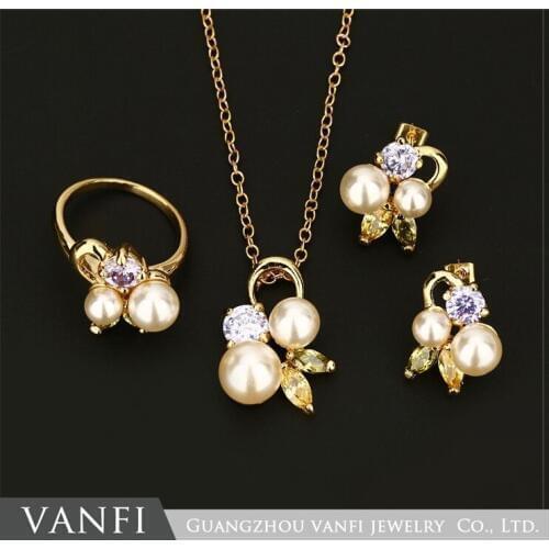 Kfvanfi imitation pearl multicolor rhinestones crystal jewelry sets zinc alloy gold earrings necklace ring sets gift anniversary