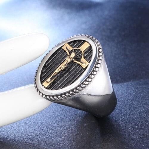 New Religious Christianity Jesus Cross Pattern Ring Mens Ring Fashion Trendy Metal Ring Accessories Party Jewelry