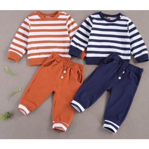 Casual Baby Striped Suit Long Sleeve Round Neck Elastic Head Long Pants with Pockets Baby Boys Clothes