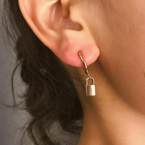 Rongho Vintage Metal lock earrings for women Brincos Gold circle earring lock pendant punk jewelry femme chunky earring