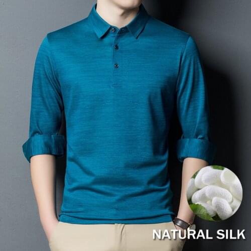 Luxury Silk Blended Long Sleeve Polo Shirt Men Solid Color Collar T-shirt Brand Lightweight Mens Plain Top For Business Male XL