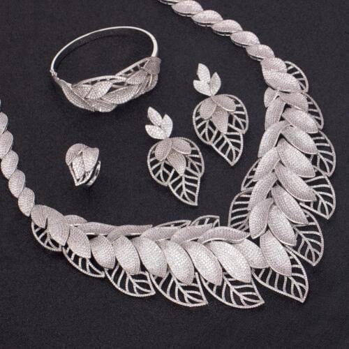 BrideTalk Unique Zirconia Wedding Jewelry 4PCS Set Africa Luxury Bride Necklace Sets Jewelry Silver Color Dress Accessories