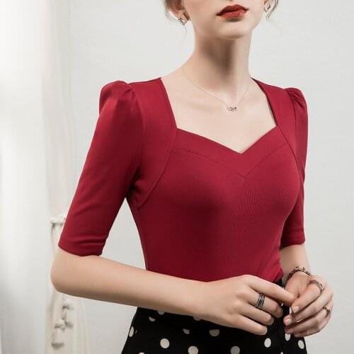 Women Soft Cotton T-shirt Half Sleeve Square Collar Solid color Lady Basic Shirt For Spring & Autumn Causal Top