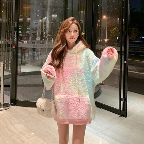2021 New Winter Rainbow Kawaii Oversized Harajuku Hoodies Women Sweatshirt Warm Sweet tops High Street Korean style clothes