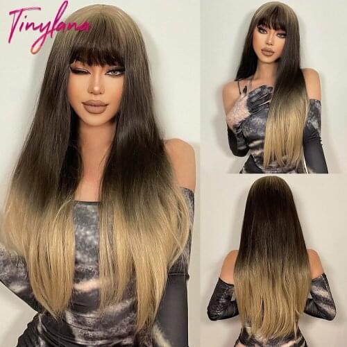 TINY LANA Ombre Blonde Root Dark Brown Wigs with Full Bangs Long Silky Straight Synthetic Wigs For Women Daily Heat Resistant
