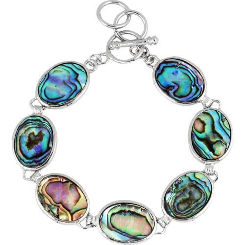TUMBEELLUWA Natural Abalone Shell Oval Beads Bracelet Bangle 18KGP Fashion Jewelry for Women 7.6-8.6