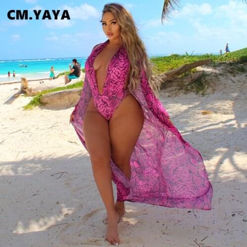 CM.YAYA Bikinis Set Women Print Halter Elastic Bodysuit Mesh Full Sleeve Long Outer Wear 2 Piece Set Sexy Beachwear Swimsuit