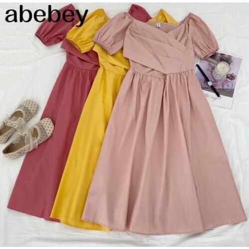 2021 New Summer Women Fashionable All-match solid Dress V-neck ruched Puff sleeve Dress high waist slim A-line Dress