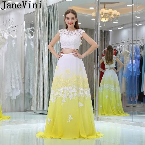 JaneVini Candy Color Yellow Homecoming Beaded Dresses White Gradient Chiffon Junior Dresses Two Pieces Long Formal Gowns 2019