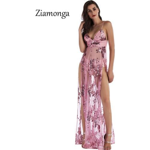 Ziamonga Sexy Luxury Gold Sequins Maxi Dress Summer 2017 Elegant Black V Neck Split Club Sleeveless Long Party Dresses Vestidos