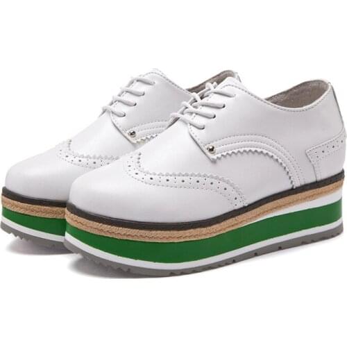 2020 Women Oxford Loafers Shoes Fashion Autumn Oxford Flats Shoes Lace Up Genuine Leather Vintage Casual Thick Bottom Shoes