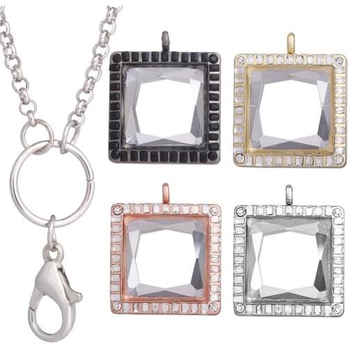 10pcs/lot Alloy Square Rhinestone Memory convex Glass Living Floating Locket for Floating charms Pendant Necklace Free Chains