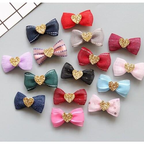 Boutique 50pcs Fashion Cute Glitter Heart Hair Bow Hairpins Solid Kawaii Mini Gauze Bowknot Hair Clips Headwear Hair Accessories