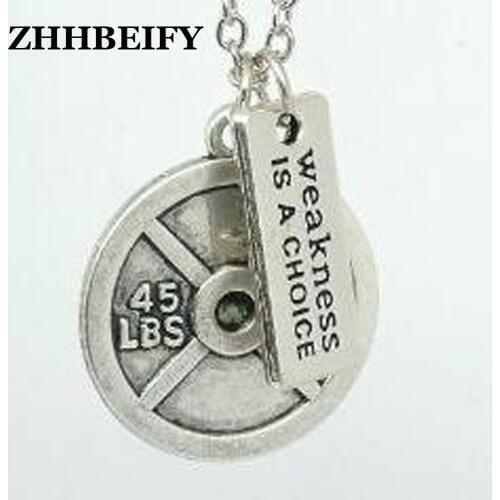 Fitness Weightlifting jewelry 1pcs Vintage Circle 45LBS 20.4KG Weight Plate and weakness is a choice Gym necklace