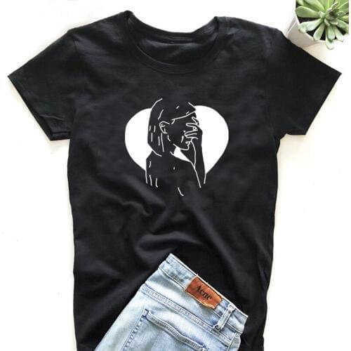 Fashion Line Art Print T-shirt Broken Heart Harajuku Tees Tee Shirt Femme Black White T Shirt Women Summer Tops Korean