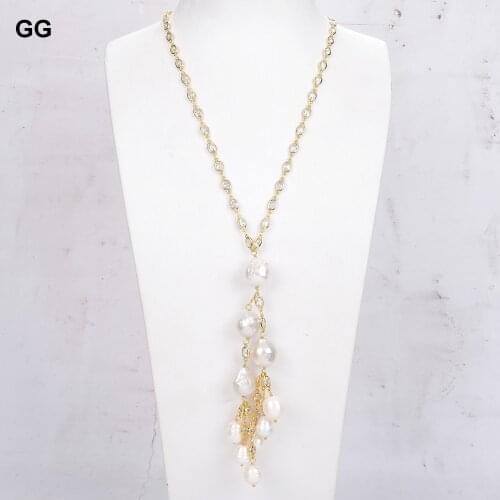 GuaiGuai Jewelry 26'' White Keshi Pearl Gold Color Plated Crystal Chain Necklace