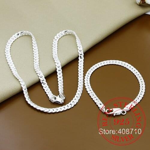 2 Piece 6MM Full Sideways 925 Sterling Silver Necklace Bracelet Fashion Jewelry For Women Men Link Chain Sets Wedding Gift