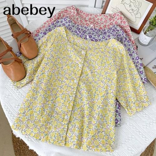 Korean Square collar short sleeve Shirt simple versatile single breasted floral print short Shirt Top 2021 New Summer Women