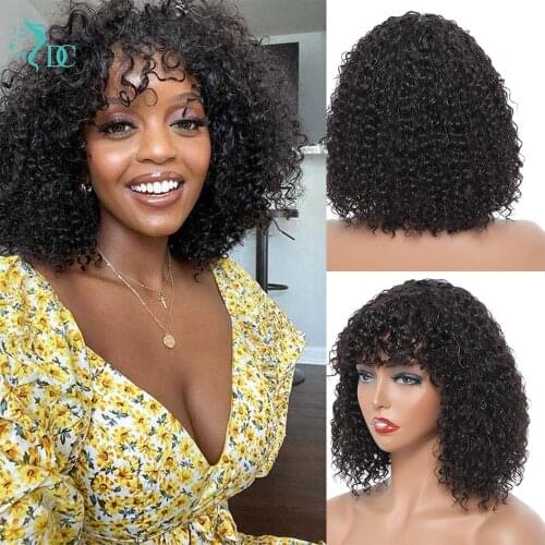 Short Curly Wigs With Bangs Full Machine Made Wigs Pre Plucked Afro Kinky Curly Human Hair Remy Scalp Top Wigs For Black Women