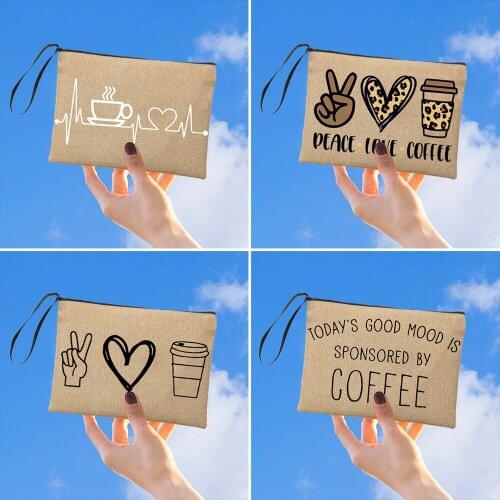 I Love Coffee Cosmetic Bags Retro Girls Canvas Bag Makeup Storage Bag Handbag Travel Out Earphone Coin Organizer Pouch Bags