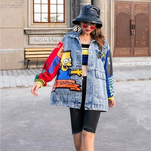 Oversize Denim Jackets Women 2021 Spring Autumn Patchwork Color Streetwear Cartoon Print Jean Coat Female Top джинсовые куртки