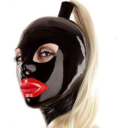 Latex Hood Rubber Mask with Hairpieces Wigs Ponytails Handmade Rear Zipper