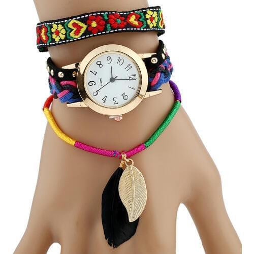 Fashion Women Casual Feather Leaf Flower Bracelet Quartz Weave Wristwatch Women Dress Vintage Quartz Watch