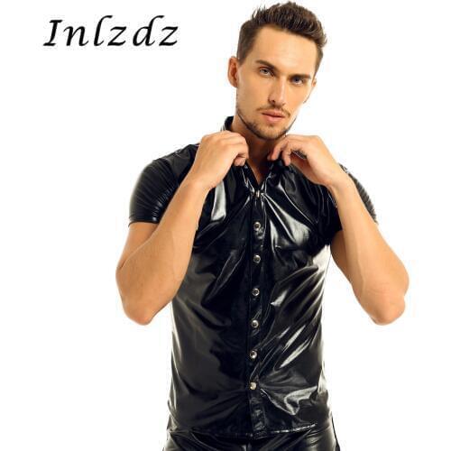 Mens Latex Lingerie T-Shirt Patent Leather Short Sleeves Undershirt Hot Sexy Shirt Tops Clubwear Exotic Tank Shirt Top Costume