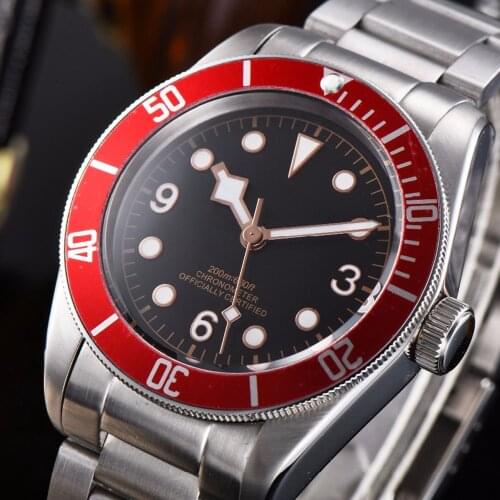 Mens Watch Automatic Mechanical 42mm Sapphire Glass Aluminum Bezel Red Dial Mens Clock Waterproof Watch