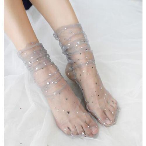 Fashion Star Moon Tulle Socks Women Transparent Thin Long Socks Female Dress Lace Funny Socks Dress Sock Streetwear calcetines