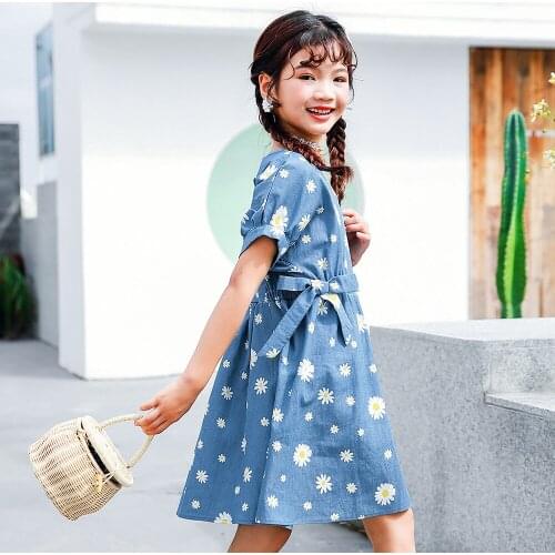 New Girls Denim Dress Summer Printed V-neck Short-sleeved Baby Girl Dress Kids Clothes