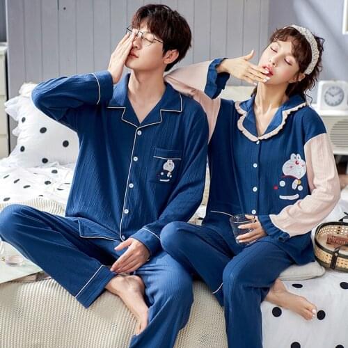Doraemon Anime Couple Pajama Set Winter Femme Male Turn-down Collar Pajamas Cotton Cute Doll Collar Women Sleepwear Men Homewear