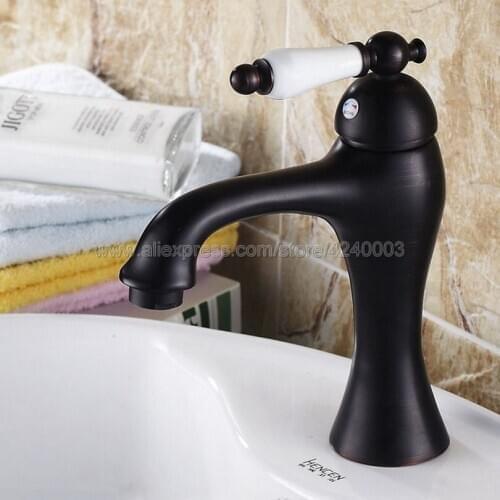 Basin Faucets Black Brass Bathroom Sink Faucet Ceramic handlel Deck Mounted Hot and Cold Water Single Hole Mixer Tap Knf552