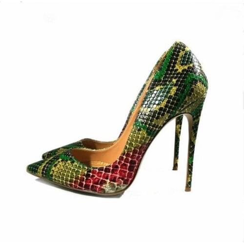 Sexy green/yellow snakeskin woman dress pumps pointed toe stiletto heel slip-on shallow spring woman shoes celebrity woman pumps